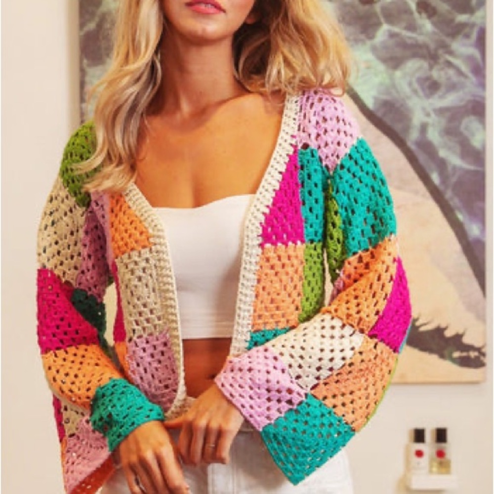 BiBi Checkered Pattern Open Front Cardigan Knit C… - image 1